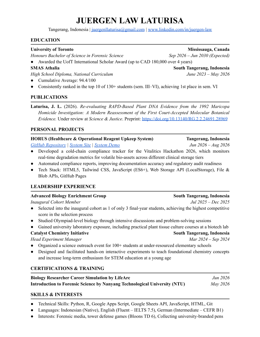 Preview of Juergen Law Laturisa's Life Science Curriculum Vitae